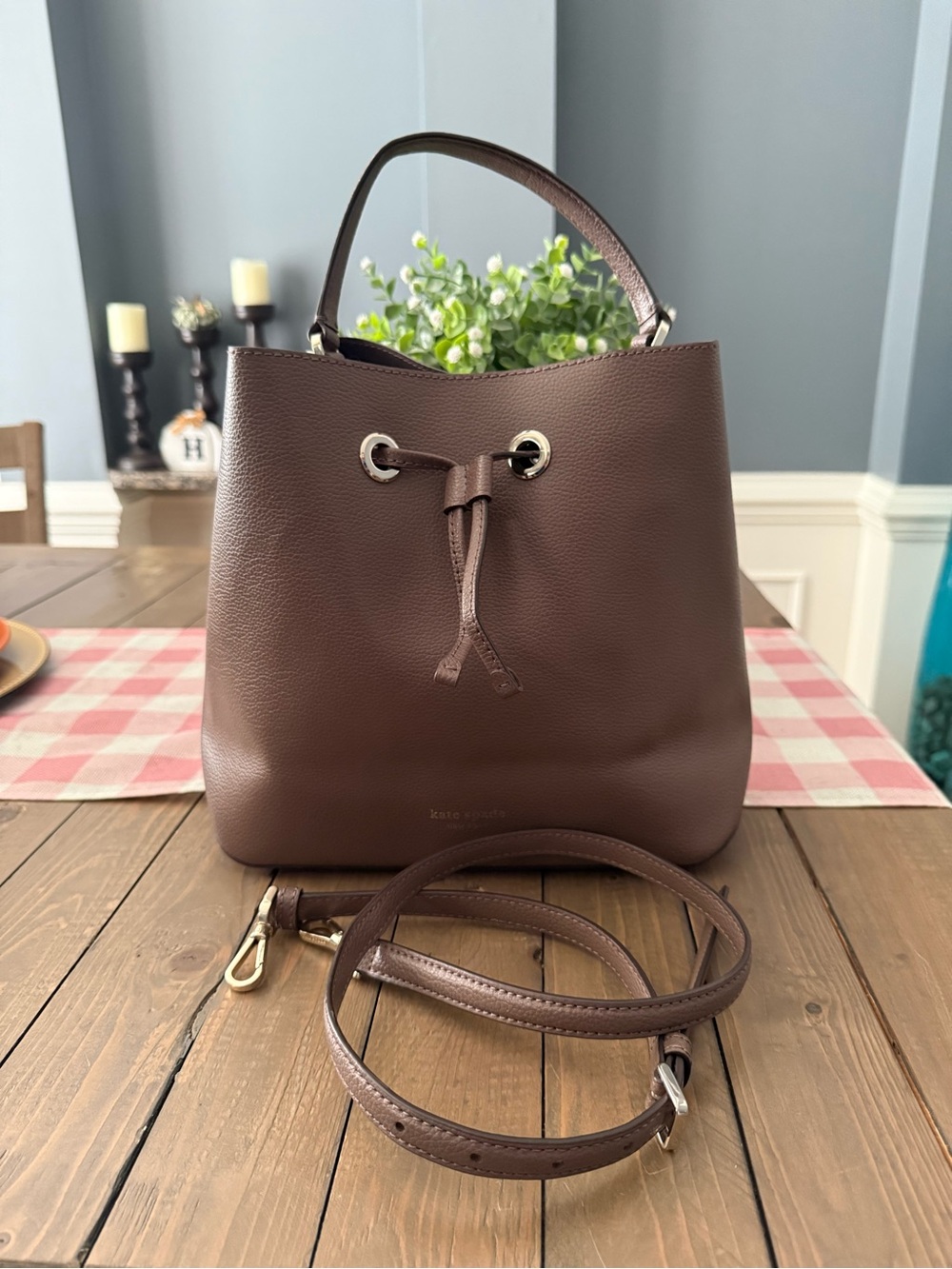 Kate Spade Brown Leather Drawstring Bucket Bag